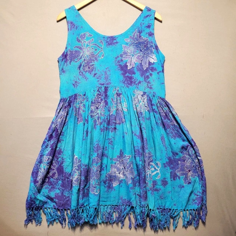 VTG 90s Bali Batiks Dress Womens Small Blue Purple Batik Fringe‎ Festival Beach - Picture 2 of 12